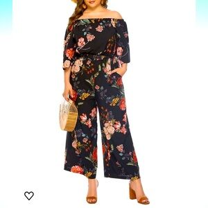 We Love Fashion off shoulder, 3/4 sleeve, wide leg jumpsuit in modern floral, M
